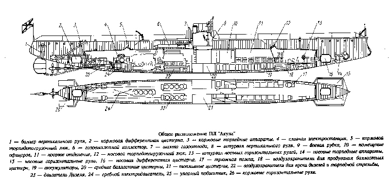 Схема общего устройства ПЛ "Акула"