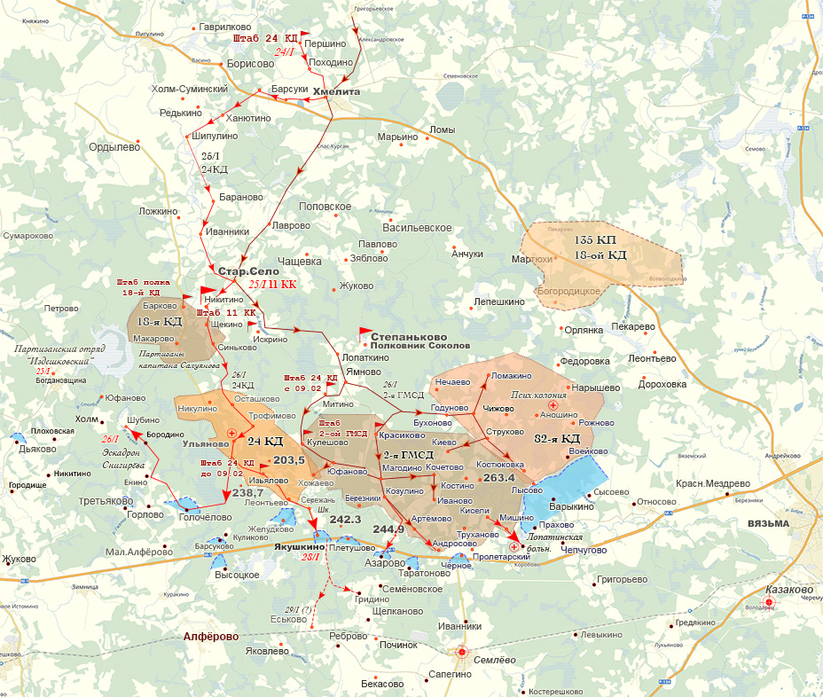 Схема продвижения частей 11-го КК с севера к автостраде Москва-Минск.