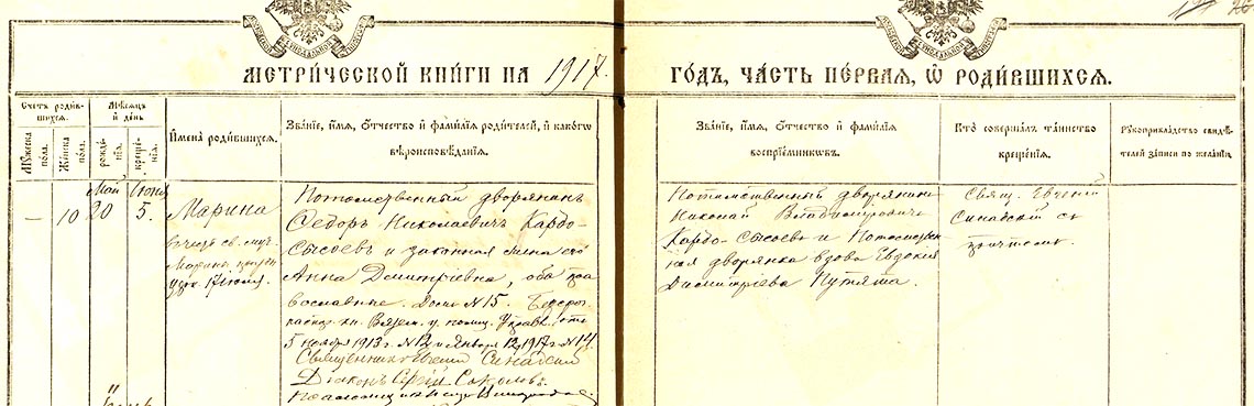 Запись в метрической книге о рождении Марины Фёдоровны Кардо-Сысоевой.