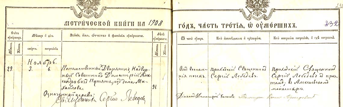 Запись в метрической книге о смерти Дмитрия Александровича Путята.